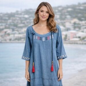 Anthropologie Mer St. Barth blue crepe dress, embroidery and tassels, size small